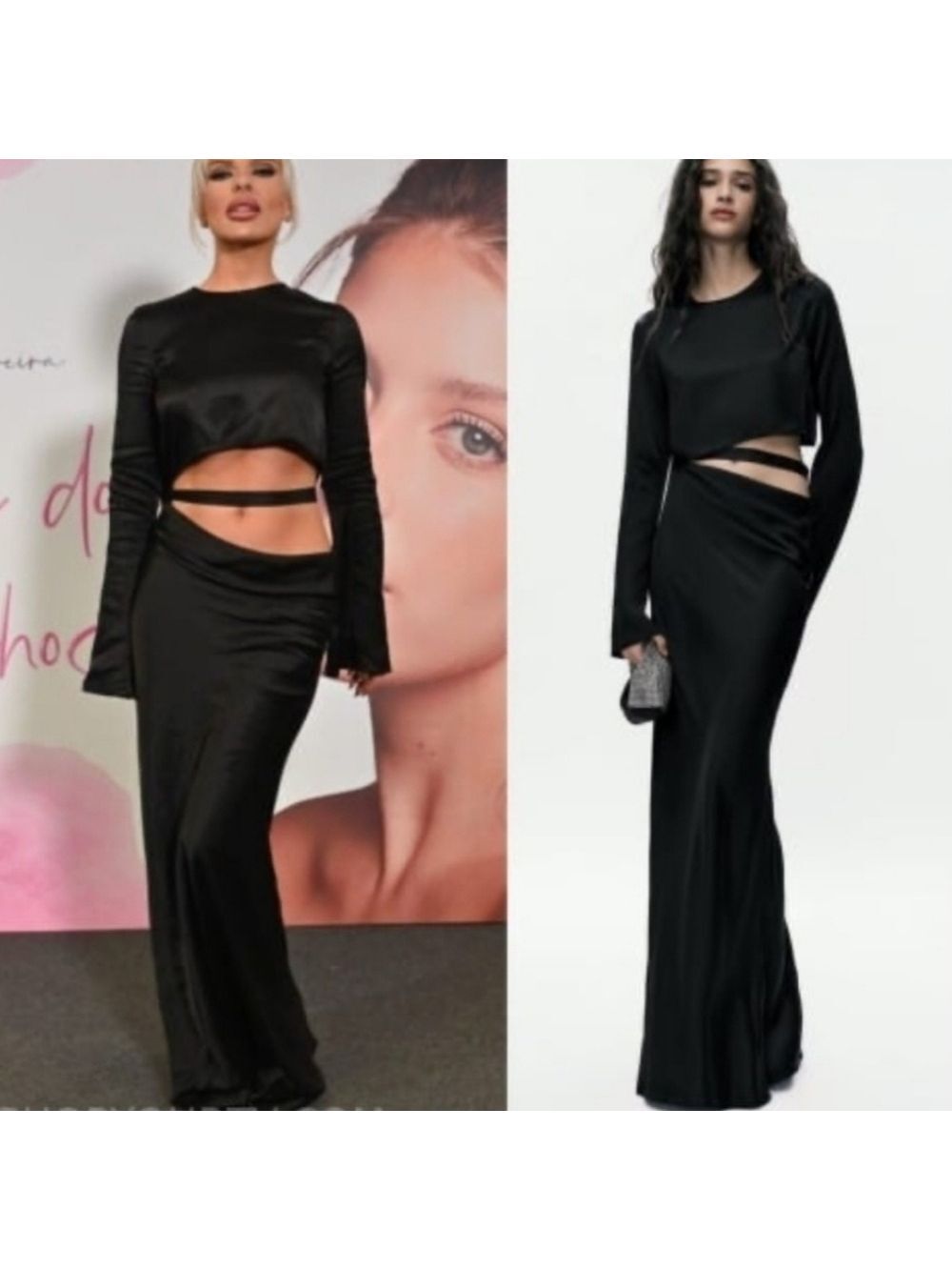 NWT Zara Black Satin Effect Cutout Waist Strap Maxi Dress, Size M